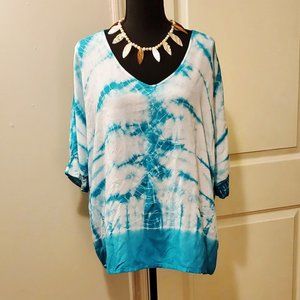 (SOLD) NWT OSO Casuals Aqua White Tie Dye  Batwing V-Neck Loose Top L Orig$90